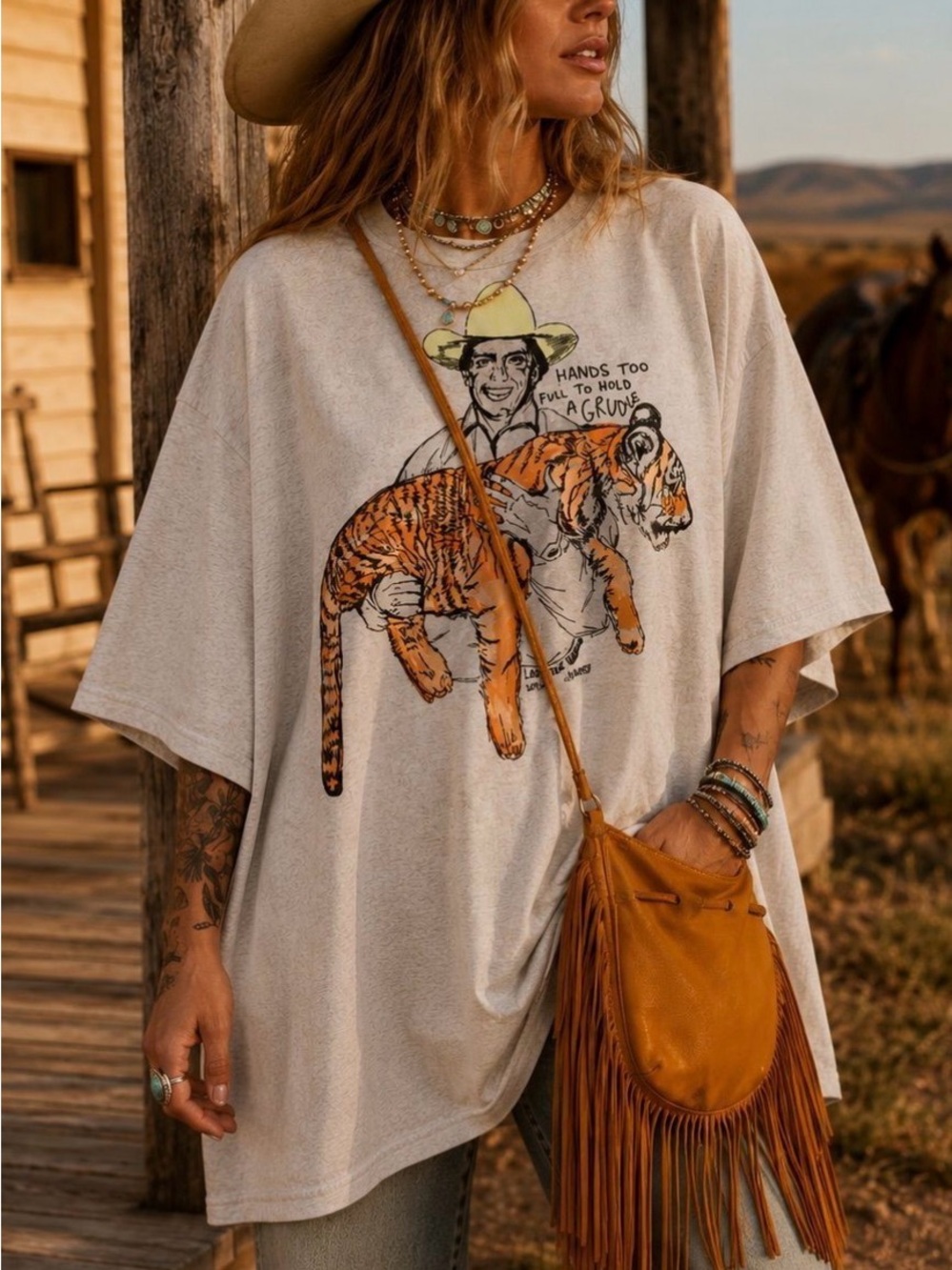 Lady The Brand Oversized Cream Graphic Tee with Tiger Print